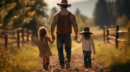 Father and two daughters are walking in the field on a sunny day.の素材