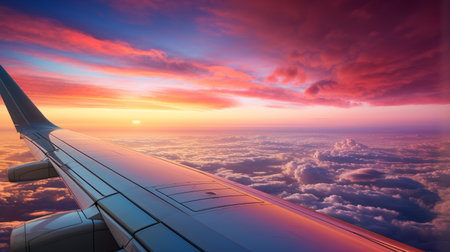 View from the window of an airplane flying above the clouds at sunsetの素材