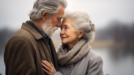 Beautiful senior couple embracing each other and looking at each other outdoorsの素材