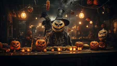 Halloween pumpkins with scary faces and witch on dark toned backgroundの素材