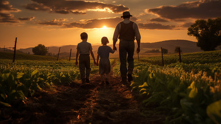 Silhouette of father and children holding hands while walking in the field at sunsetの素材