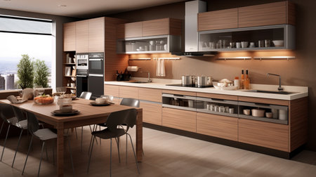 3d rendering of a modern kitchen in a house with a beautiful designの素材