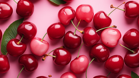 Fresh cherries on pink background, top view. Healthy food conceptの素材