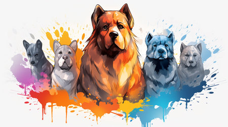 Vector illustration of a group of dogs with splashes of paint.の素材