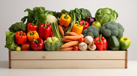 Wooden box full of fresh vegetables on white background. Healthy food conceptの素材