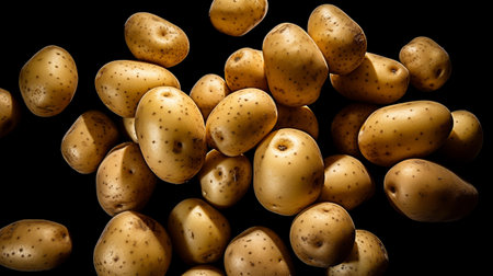Fresh potatoes on a black background. Close-up. Studio photography.の素材