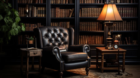 Luxury black leather armchair in a library with bookshelfの素材