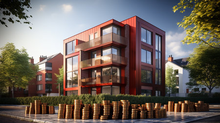 Modern apartment buildings with coins in the foreground. 3D rendering.の素材