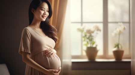 Beautiful pregnant asian woman holding her belly and smiling at camera.の素材
