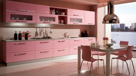 3d Illustration of pink modern kitchen in a house with a beautiful designの素材