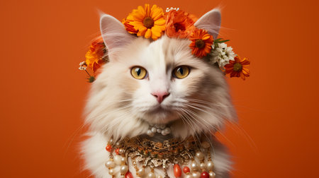 Beautiful white cat wearing a wreath of flowers on orange backgroundの素材