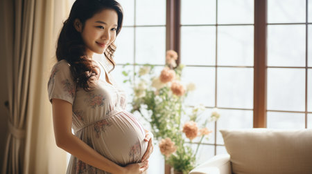 Beautiful asian pregnant woman feeling happy at home. The young expecting mother holding baby in pregnant belly. Maternity prenatal care and woman pregnancy concept.の素材