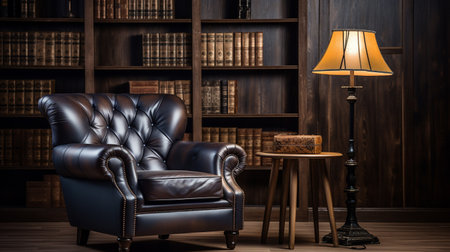 Luxury leather armchair with lamp and bookshelf in the background.の素材