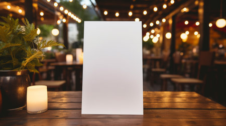 Blank paper sheet on wooden table in restaurant. Mock up.の素材