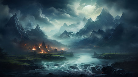 Fantasy landscape with mountains and river. 3D illustration. Fantasy world.の素材