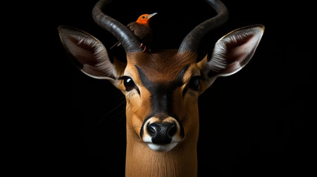 Closeup of a male impala antelope isolated on black backgroundの素材
