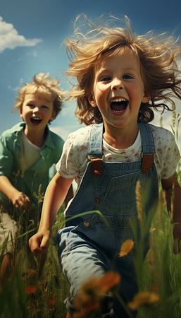 Happy children playing in a wheat field. Kids having fun outdoors.の素材