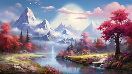 Fantasy landscape with mountains, river and forest. Digital painting.の素材