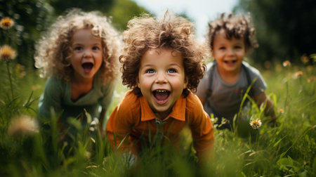 Portrait of a happy children playing in the grass at the parkの素材