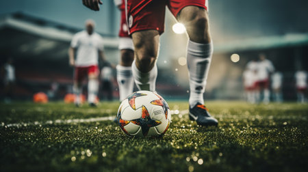 Soccer player with ball on the field of stadium. Soccer player in actionの素材
