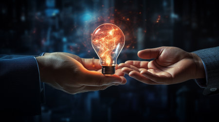 Close up of businessman hands holding light bulb on dark background. Mixed mediaの素材