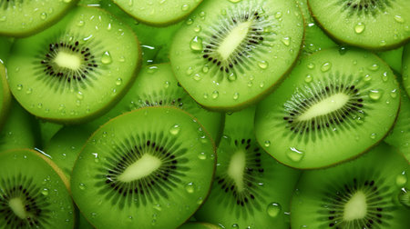 Kiwi fruit slices with water drops, close-up.の素材