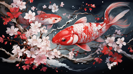 Koi fish and cherry blossom on dark background. Watercolor paintingの素材
