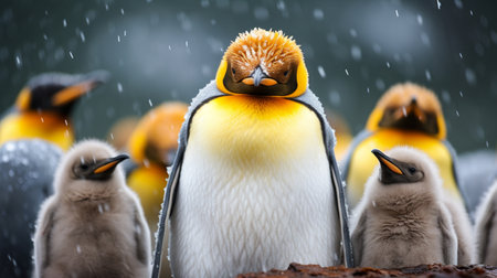 King penguins with chicks in the snow. Wildlife scene from nature.の素材