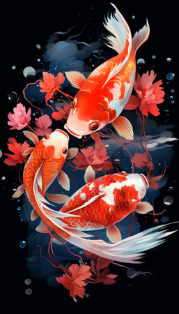 Koi fish and flowers on a dark background. Vector illustration.の素材