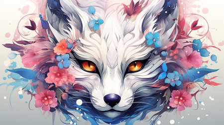 Portrait of a fox with flowers and leaves. Vector illustration.の素材