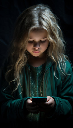Cute little girl with long blond hair using a mobile phone on dark backgroundの素材