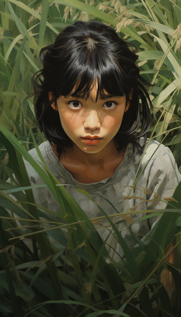 Japanese girl in bamboo forest, closeup portrait of asian womanの素材