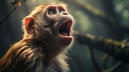 Portrait of a monkey with open mouth in a tropical forest.の素材