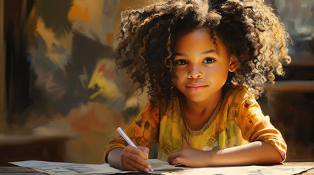 Portrait of a cute african american little girl doing homeworkの素材