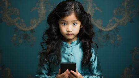 Beautiful little asian girl using mobile phone in vintage room.の素材