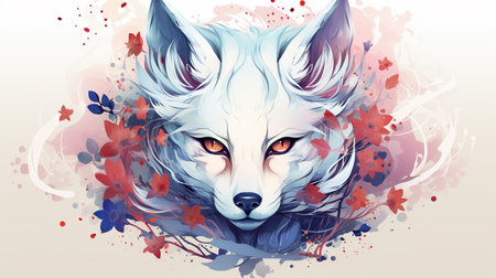 Vector illustration of a wolf with watercolor splashes and leaves.の素材