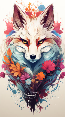 Vector illustration of a fox with flowers and leaves on grunge backgroundの素材