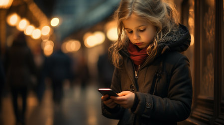 Cute little girl using mobile phone in a city street at nightの素材
