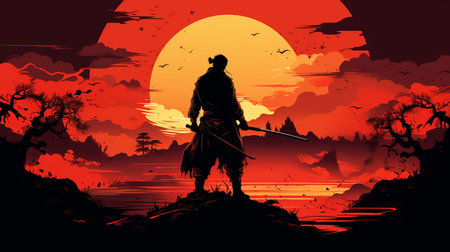 Silhouette of a hunter on the background of the rising sunの素材