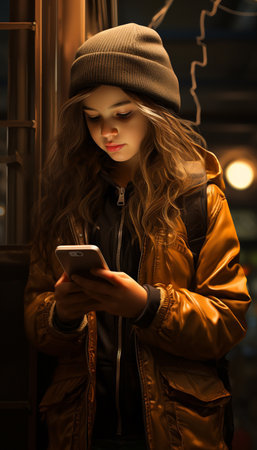 Portrait of a young beautiful girl in a brown jacket and a hat using a smartphone.の素材