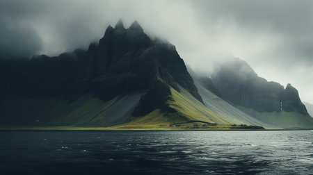 Icelandic landscape with mountains and fjord in cloudy weatherの素材