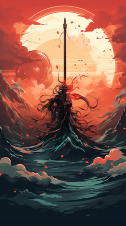Fantasy landscape with a ship in the sea. Vector illustration.の素材