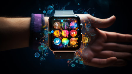 Hand with smartwatch with colorful media icons and symbols concept on backgroundの素材