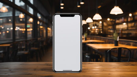 Mockup smartphone with blank screen on wooden table in cafe.の素材