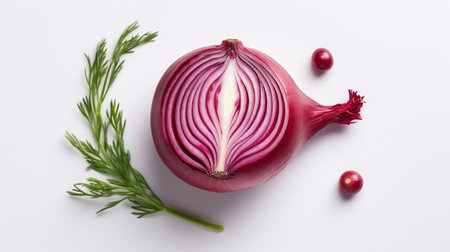 Red onion with dill and parsley on white background, top viewの素材