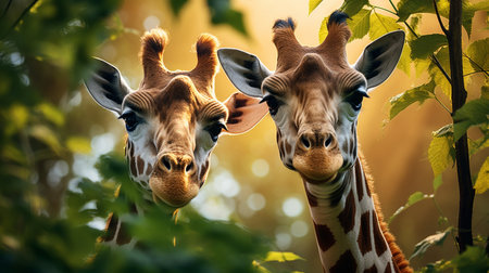 Two giraffes are looking at each other in the forest.の素材