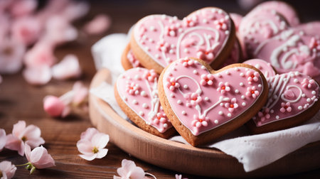 Delicious heart-shaped cookies with pink icing on a wooden backgroundの素材