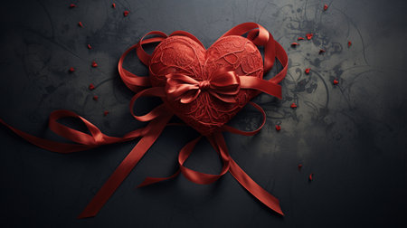 Valentines Day background with red ribbon and heart. 3d renderingの素材
