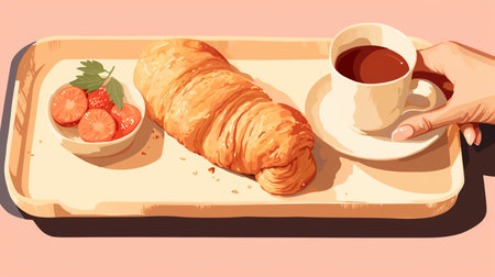 Breakfast with croissant, strawberry and coffee. Vector illustrationの素材
