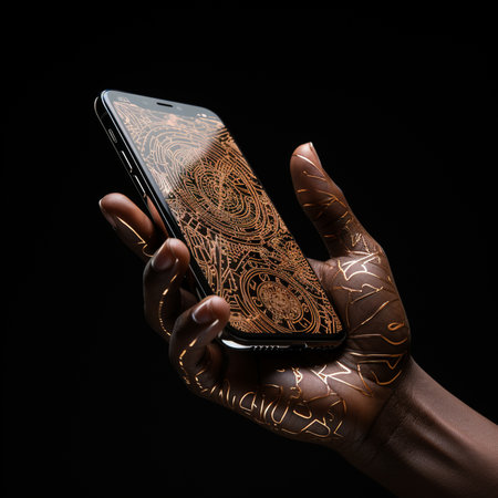 Woman hand with a mobile phone on a black background. Close-up.の素材